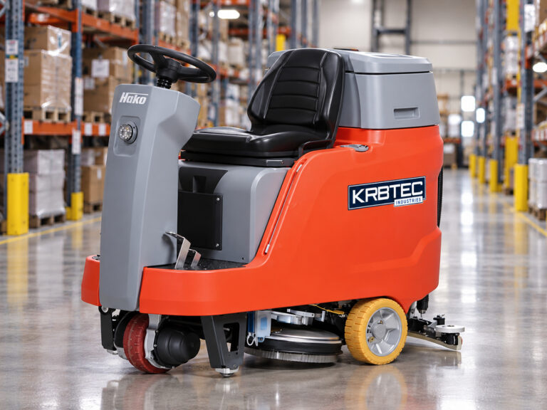 Hako Scrubmaster B75R ride-on floor scrubber in a warehouse