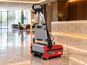 Hako Wizzard compact walk-behind floor scrubber in a commercial lobby