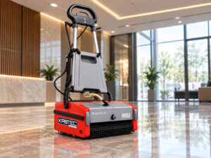 Hako Wizzard compact walk-behind floor scrubber in a showroom