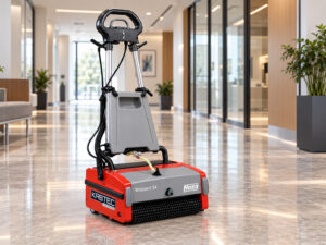 Hako Wizzard compact walk-behind floor scrubber with Kirbtech branding