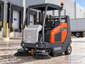 Hako Sweepmaster 1500RH ride-on floor sweeper at a loading dock