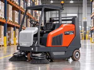 Hako Sweepmaster 1500RH ride-on floor sweeper in a warehouse aisle