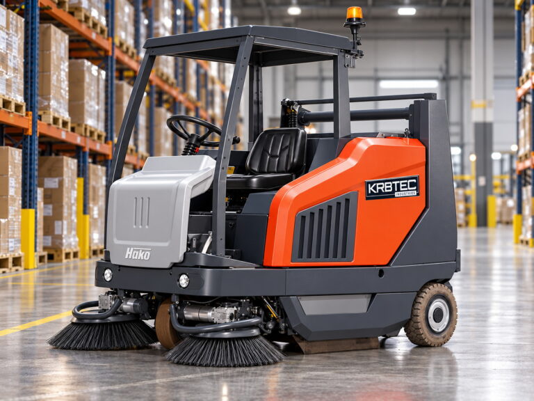 Hako Sweepmaster 1500RH ride-on floor sweeper in a warehouse aisle