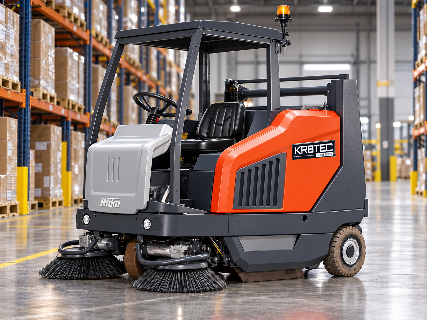 Hako Sweepmaster 1500RH ride-on floor sweeper in a warehouse aisle