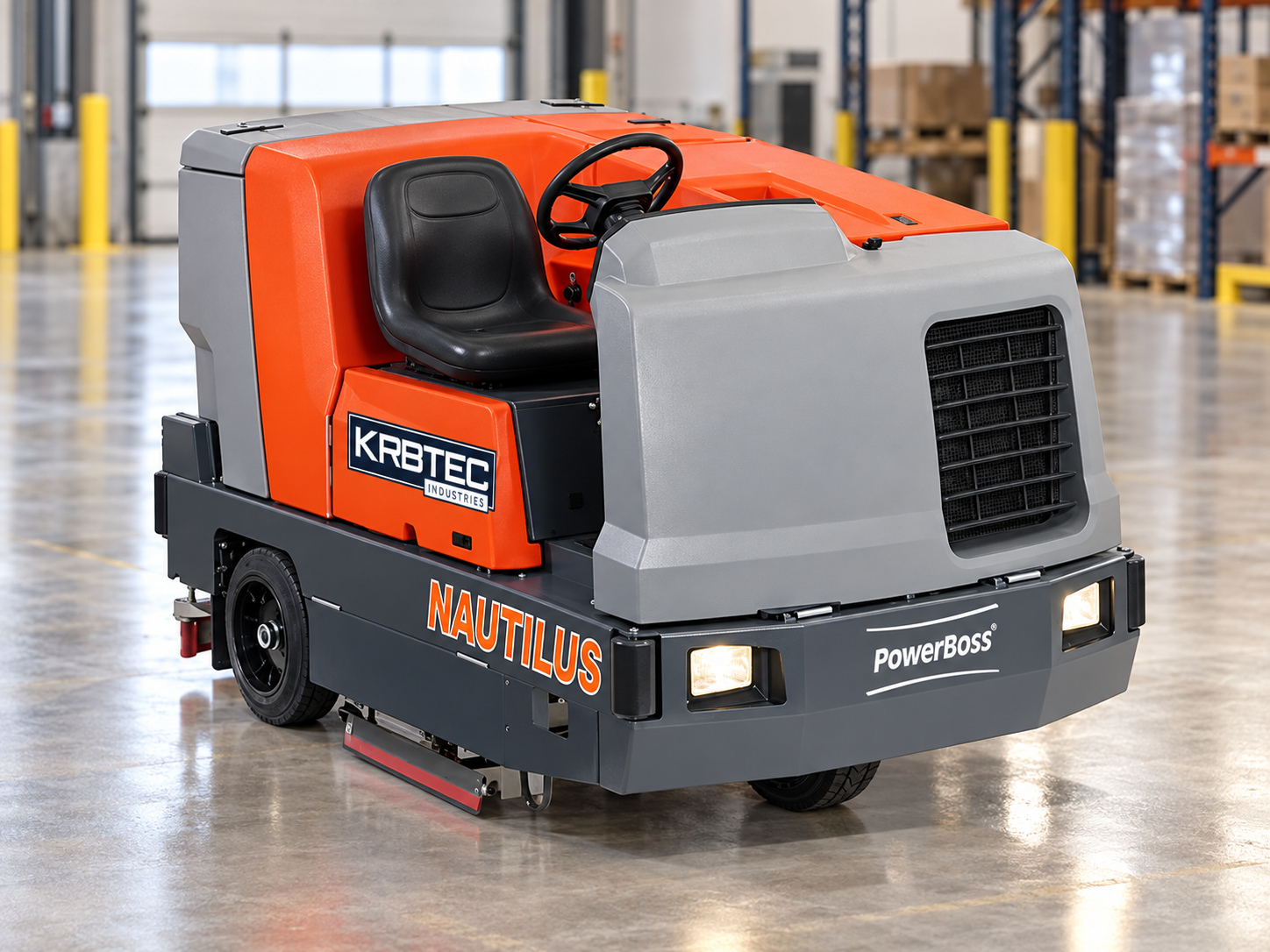 PowerBoss Nautilus industrial scrubber-sweeper in a showroom